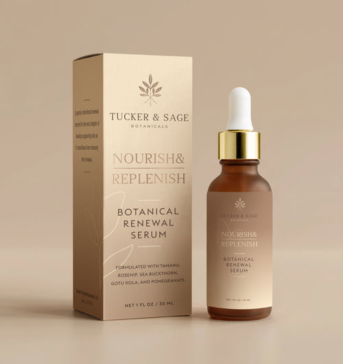 A bottle of Botanical Renewal Serum with a dropper sits beside its beige and gold box—ideal for skin renewal and boosting resilience.