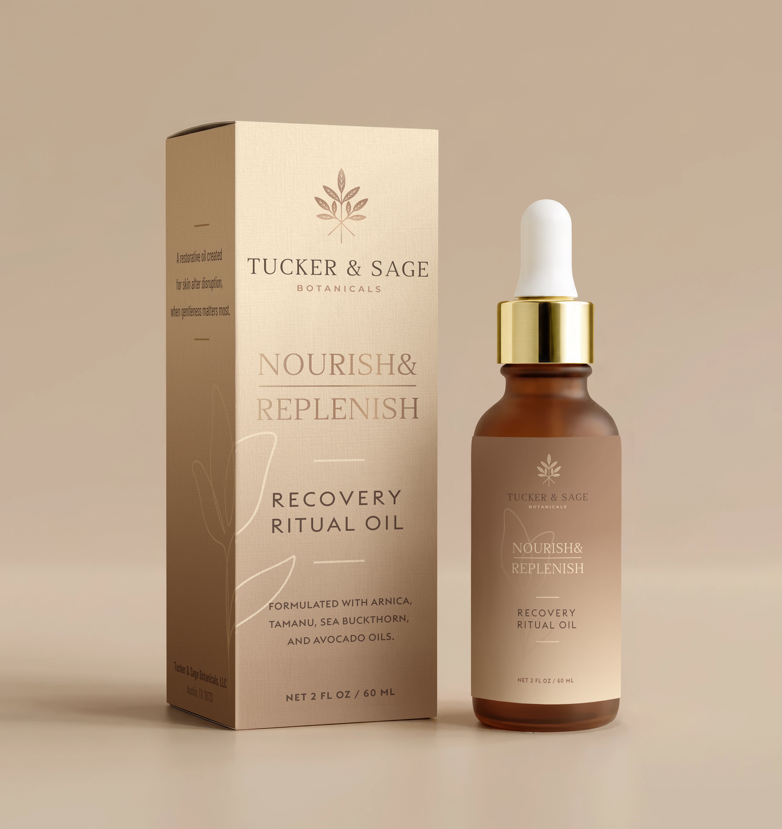 A bottle of Recovery Ritual Oil with a dropper is shown beside its beige packaging—formulated with botanical ingredients to deliver ultimate skin nourishment.