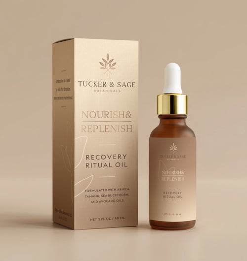 A bottle of Recovery Ritual Oil with a dropper is shown beside its beige packaging—formulated with botanical ingredients to deliver ultimate skin nourishment.