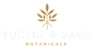 Logo featuring a gold botanical illustration above the text "TUCKER & SAGE BOTANICALS" on a light gray background.